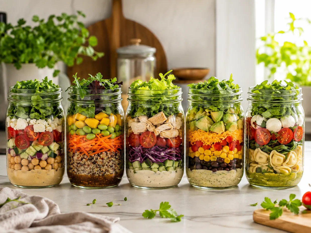 Cinco frascos de ensalada en capas alineados sobre la mesada de la cocina, cada uno con su aderezo al fondo y las hojas arriba