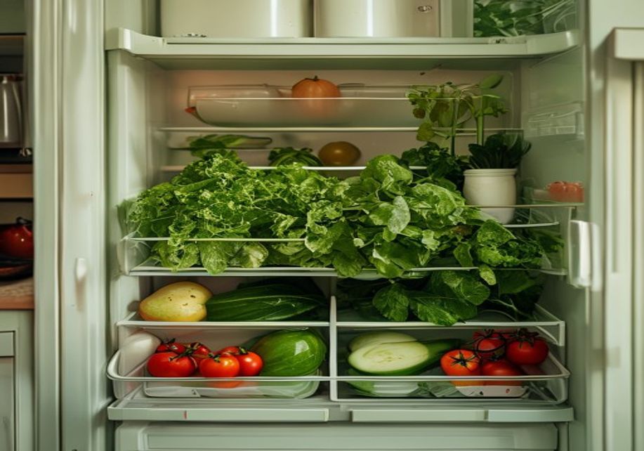 Una nevera abierta con verduras sueltas y sin preparar, nada listo para comer