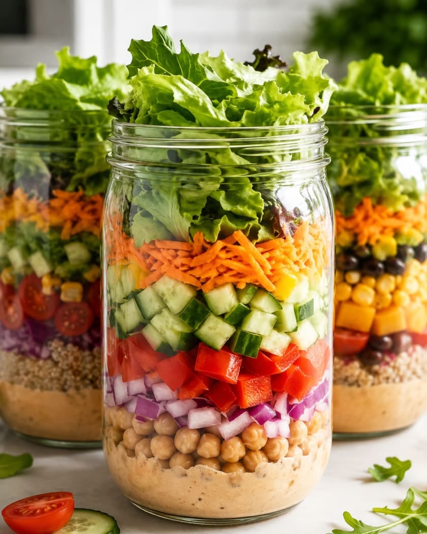 Tres frascos de vidrio con ensalada en capas: aderezo al fondo, garbanzos, cebolla morada, pimiento, pepino, zanahoria y hojas verdes arriba